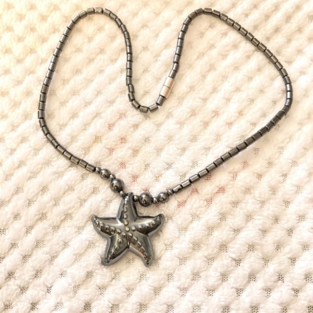 Hematite Starfish Beaded Pendant Necklace 20 inches in Stainless Steel magnetic